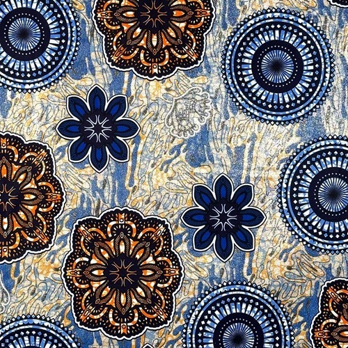 アフリカンプリント 布 生地 50cm単位 AP-1104  水面に花と雪の結晶 金ラメ  アフリカ 布 ブロード カットクロス ハンドメイド パッチワーク エコバッグ 手芸材料 ダンス 舞台 衣装 通園通学に