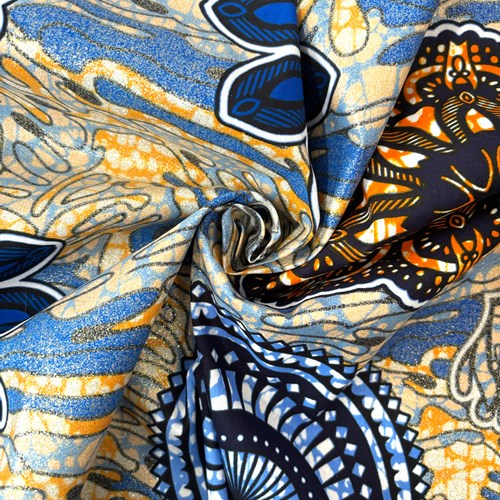 アフリカンプリント 布 生地 50cm単位 AP-1104  水面に花と雪の結晶 金ラメ  アフリカ 布 ブロード カットクロス ハンドメイド パッチワーク エコバッグ 手芸材料 ダンス 舞台 衣装 通園通学に