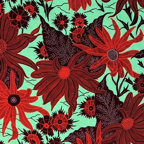 アフリカンプリント 布 生地 50cm単位 AP-13440  赤いガーベラ 薄緑地  アフリカ 布 ブロード カットクロス ハンドメイド パッチワーク エコバッグ 手芸材料 ダンス 舞台 衣装 通園通学に