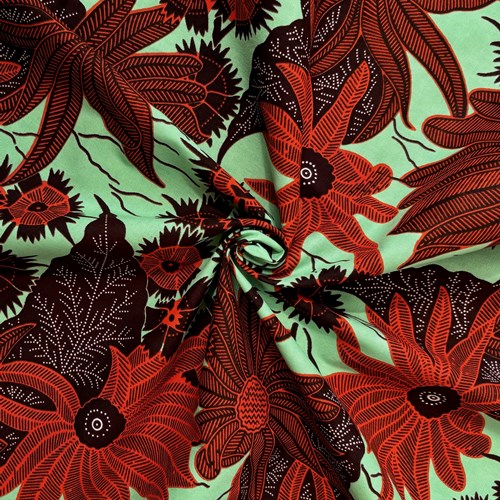 アフリカンプリント 布 生地 50cm単位 AP-13440  赤いガーベラ 薄緑地  アフリカ 布 ブロード カットクロス ハンドメイド パッチワーク エコバッグ 手芸材料 ダンス 舞台 衣装 通園通学に