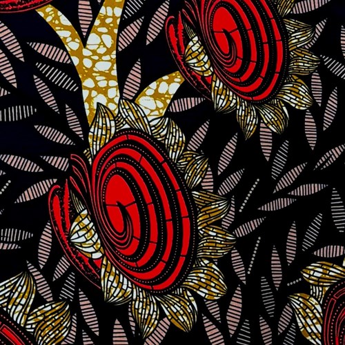 アフリカンプリント 布 生地 50cm単位 AP-13522  赤い渦巻きひまわり 黒x濃紺地  アフリカ 布 ブロード カットクロス ハンドメイド パッチワーク エコバッグ 手芸材料 ダンス 舞台 衣装 通園通学に