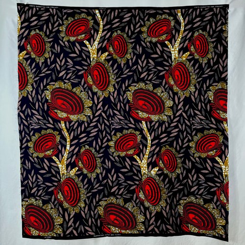 アフリカンプリント 布 生地 50cm単位 AP-13522  赤い渦巻きひまわり 黒x濃紺地  アフリカ 布 ブロード カットクロス ハンドメイド パッチワーク エコバッグ 手芸材料 ダンス 舞台 衣装 通園通学に