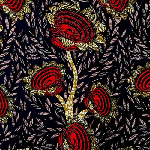 アフリカンプリント 布 生地 50cm単位 AP-13522  赤い渦巻きひまわり 黒x濃紺地  アフリカ 布 ブロード カットクロス ハンドメイド パッチワーク エコバッグ 手芸材料 ダンス 舞台 衣装 通園通学に