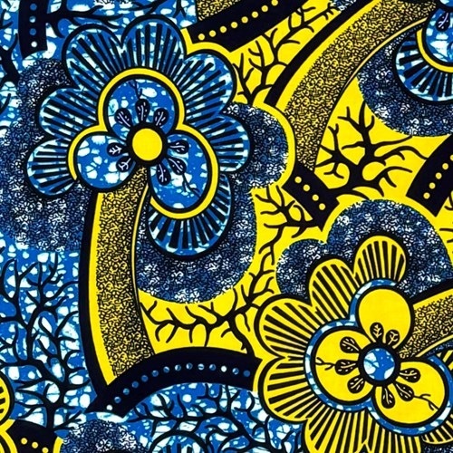 アフリカンプリント 布 生地 50cm単位 AP-13523  菌糸に黄色い花 深いアクアブルー  アフリカ 布 ブロード カットクロス ハンドメイド パッチワーク エコバッグ 手芸材料 ダンス 舞台 衣装 通園通学に