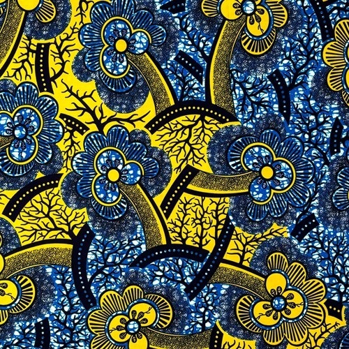 アフリカンプリント 布 生地 50cm単位 AP-13523  菌糸に黄色い花 深いアクアブルー  アフリカ 布 ブロード カットクロス ハンドメイド パッチワーク エコバッグ 手芸材料 ダンス 舞台 衣装 通園通学に