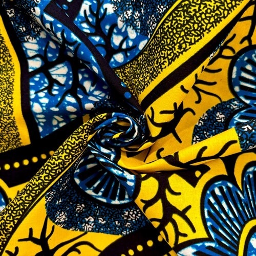 アフリカンプリント 布 生地 50cm単位 AP-13523  菌糸に黄色い花 深いアクアブルー  アフリカ 布 ブロード カットクロス ハンドメイド パッチワーク エコバッグ 手芸材料 ダンス 舞台 衣装 通園通学に
