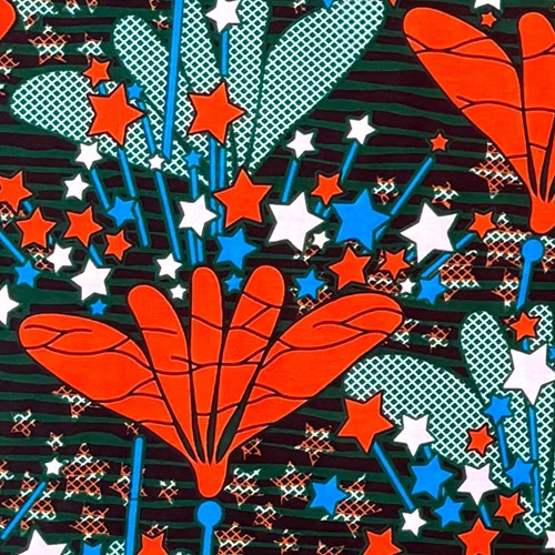 アフリカンプリント 布 生地 50cm単位 AP-13431 ポップな花と星 濃緑地