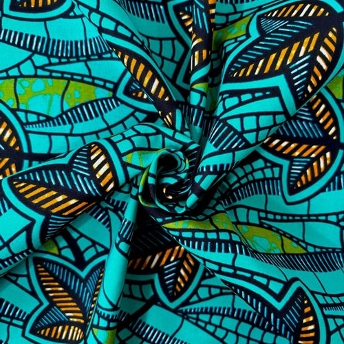 アフリカンプリント 布 生地 50cm単位 AP-13524 三つ葉の園 エメラルド