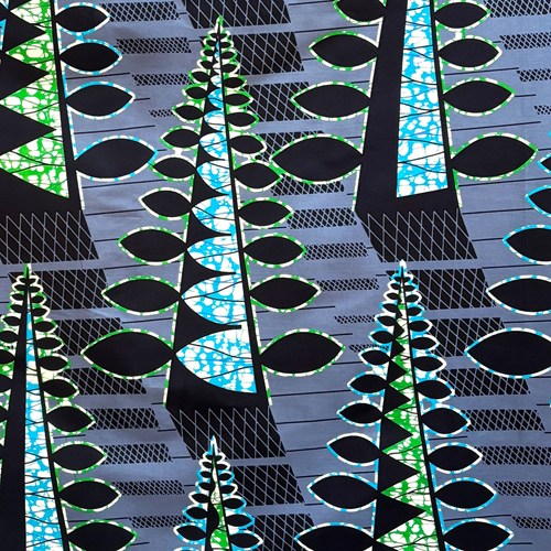 アフリカンプリント 布 生地 50cm単位 AP-13637　三角錐の木 濃紺の葉っぱ グレー地　アフリカ 布 ブロード カットクロス ハンドメイド パッチワーク エコバッグ 手芸材料 ダンス 舞台 衣装 通園通学に