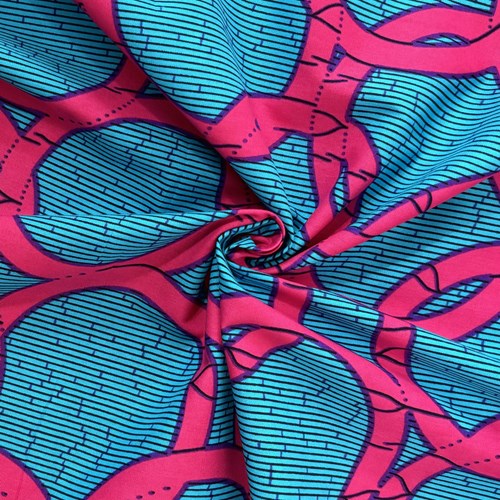 アフリカンプリント 布 生地 50cm単位 AP-13449  オリンピア 濃ピンク ブルー地  アフリカ 布 ブロード カットクロス ハンドメイド パッチワーク エコバッグ 手芸材料 ダンス 舞台 衣装 通園通学に