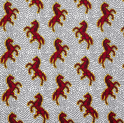 アフリカンプリント生地 50cm単位 AP-13210　金色オーラの赤馬 駿馬 白地