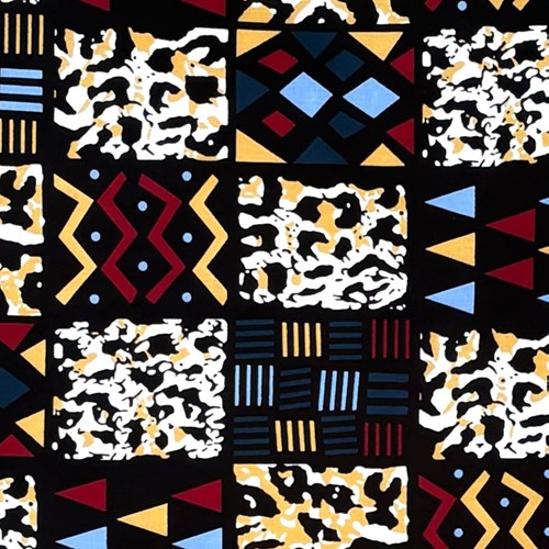 アフリカンプリント 布 生地 50cm単位 AP-13349  カラフル泥染め紋様にヒョウ柄 黒地  アフリカ 布 ブロード カットクロス ハンドメイド パッチワーク エコバッグ 手芸材料 ダンス 舞台 衣装 通園通学に