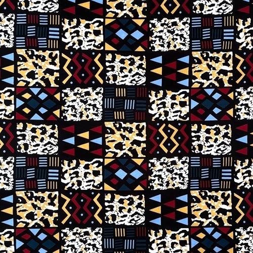 アフリカンプリント 布 生地 50cm単位 AP-13349  カラフル泥染め紋様にヒョウ柄 黒地  アフリカ 布 ブロード カットクロス ハンドメイド パッチワーク エコバッグ 手芸材料 ダンス 舞台 衣装 通園通学に