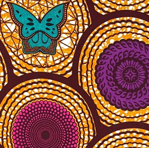 アフリカンプリント生地 50cm単位 AP-13184　蝶々 水紋 波紋 茶系地ピンク紫ブルグリーン	