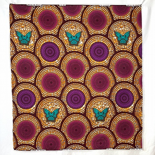 アフリカンプリント生地 50cm単位 AP-13184　蝶々 水紋 波紋 茶系地ピンク紫ブルグリーン	