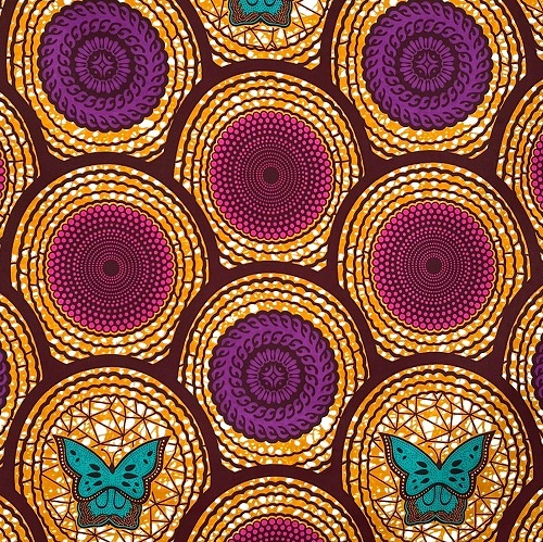 アフリカンプリント生地 50cm単位 AP-13184　蝶々 水紋 波紋 茶系地ピンク紫ブルグリーン	