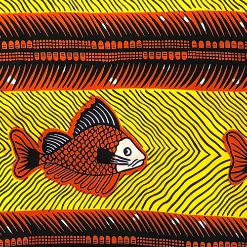 アフリカンプリント 布 生地 50cm単位 AP-13661 後ろを気にする整列お茶目魚 朱色 黄色地　アフリカ 布 ブロード カットクロス ハンドメイド パッチワーク エコバッグ 手芸材料 ダンス 舞台 衣装 通園通学に