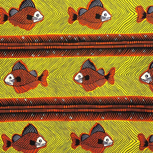 アフリカンプリント 布 生地 50cm単位 AP-13661 後ろを気にする整列お茶目魚 朱色 黄色地　アフリカ 布 ブロード カットクロス ハンドメイド パッチワーク エコバッグ 手芸材料 ダンス 舞台 衣装 通園通学に