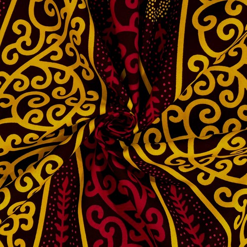アフリカンプリント 布 生地 50cm単位 AP-13291  唐草 草花エンクルマ えんじ黄色  アフリカ 布 ブロード カットクロス ハンドメイド パッチワーク エコバッグ 手芸材料 ダンス 舞台 衣装 通園通学に
