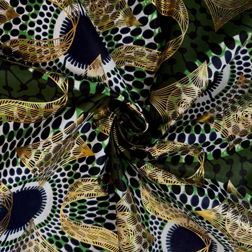 アフリカンプリント 布 生地 50cm単位 AP-1083  金ラメ 水紋 深緑   アフリカ 布 ブロード カットクロス ハンドメイド パッチワーク エコバッグ 手芸材料 ダンス 舞台 衣装 通園通学に