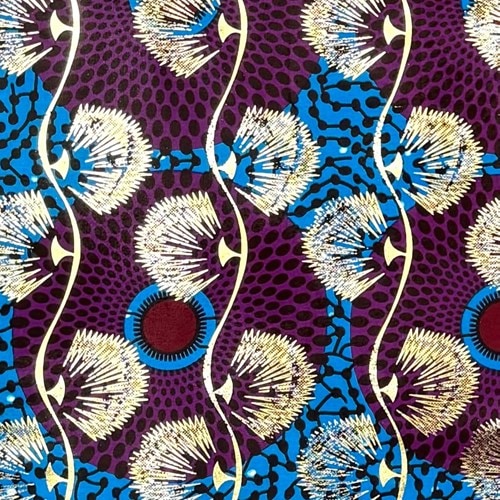 アフリカンプリント 布 生地 50cm単位 AP-1082  金ラメ 水紋 パープル ブルー地   アフリカ 布 ブロード カットクロス ハンドメイド パッチワーク エコバッグ 手芸材料 ダンス 舞台 衣装 通園通学に