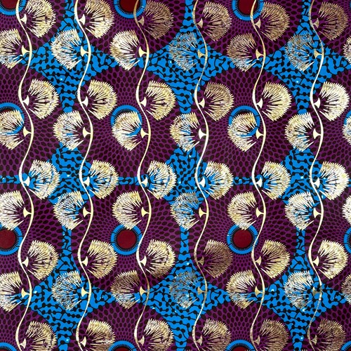 アフリカンプリント 布 生地 50cm単位 AP-1082  金ラメ 水紋 パープル ブルー地   アフリカ 布 ブロード カットクロス ハンドメイド パッチワーク エコバッグ 手芸材料 ダンス 舞台 衣装 通園通学に