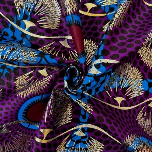 アフリカンプリント 布 生地 50cm単位 AP-1082  金ラメ 水紋 パープル ブルー地   アフリカ 布 ブロード カットクロス ハンドメイド パッチワーク エコバッグ 手芸材料 ダンス 舞台 衣装 通園通学に