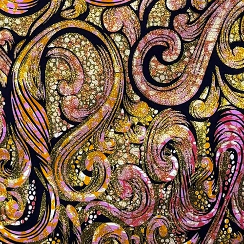 アフリカンプリント 布 生地 50cm単位 AP-1076 金ラメ 渦巻く水流 バロック調 ピンク   アフリカ 布 ブロード カットクロス ハンドメイド パッチワーク エコバッグ 手芸材料 ダンス 舞台 衣装 通園通学に