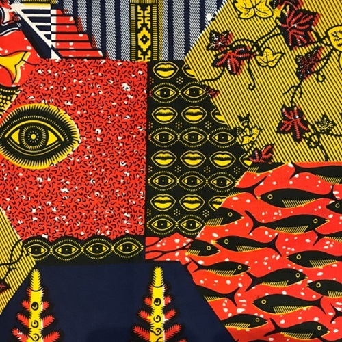 ＜sale＞アフリカンプリント生地 0.5m(50cm)単位 AP-13022　神の目 子安貝 魚 オレンジ濃紺