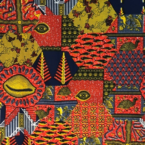 ＜sale＞アフリカンプリント生地 0.5m(50cm)単位 AP-13022　神の目 子安貝 魚 オレンジ濃紺