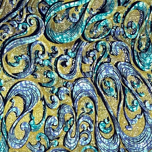アフリカンプリント 布 生地 50cm単位 AP-1075 金ラメ 渦巻く水流 バロック調 ブルー   アフリカ 布 ブロード カットクロス ハンドメイド パッチワーク エコバッグ 手芸材料 ダンス 舞台 衣装 通園通学に