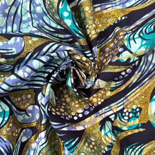 アフリカンプリント 布 生地 50cm単位 AP-1075 金ラメ 渦巻く水流 バロック調 ブルー   アフリカ 布 ブロード カットクロス ハンドメイド パッチワーク エコバッグ 手芸材料 ダンス 舞台 衣装 通園通学に