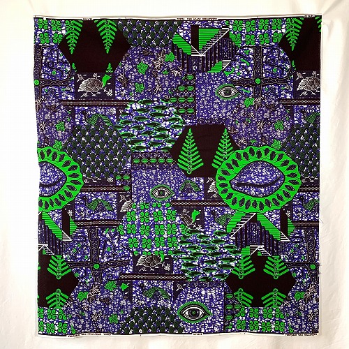 ＜sale＞アフリカンプリント生地 0.5m(50cm)単位 AP-13023　神の目 子安貝 魚 紫 緑