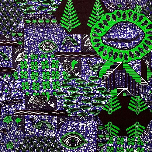 ＜sale＞アフリカンプリント生地 0.5m(50cm)単位 AP-13023　神の目 子安貝 魚 紫 緑