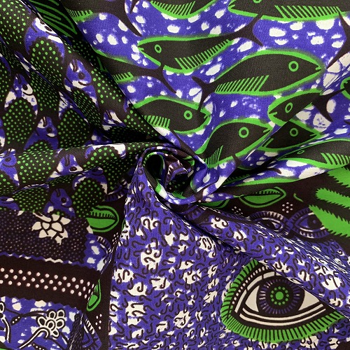 ＜sale＞アフリカンプリント生地 0.5m(50cm)単位 AP-13023　神の目 子安貝 魚 紫 緑