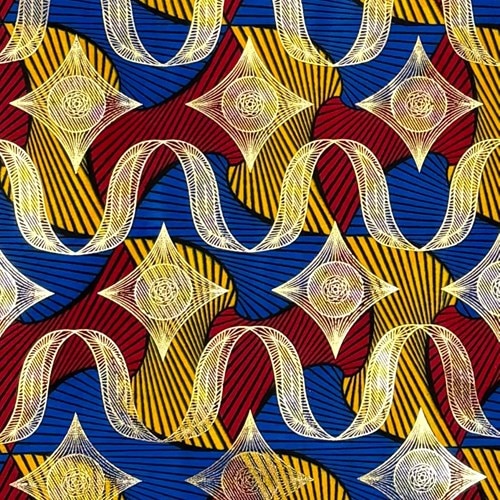 アフリカンプリント 布 生地 50cm単位 AP-1080　金ラメ 三色分銅 赤 青 黄   アフリカ 布 ブロード カットクロス ハンドメイド パッチワーク エコバッグ 手芸材料 ダンス 舞台 衣装 通園通学に