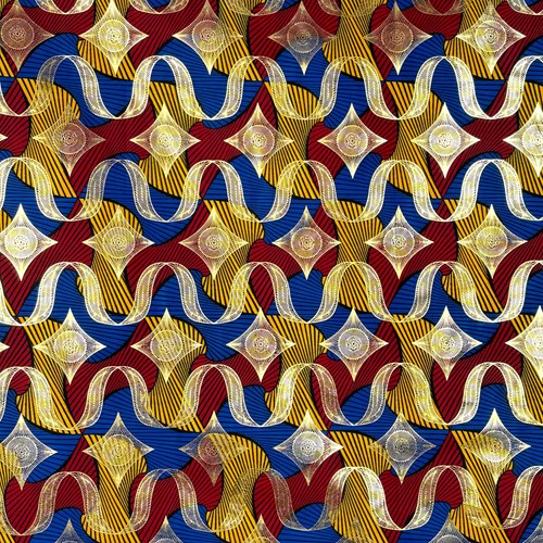 アフリカンプリント 布 生地 50cm単位 AP-1080　金ラメ 三色分銅 赤 青 黄   アフリカ 布 ブロード カットクロス ハンドメイド パッチワーク エコバッグ 手芸材料 ダンス 舞台 衣装 通園通学に