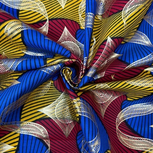 アフリカンプリント 布 生地 50cm単位 AP-1080　金ラメ 三色分銅 赤 青 黄   アフリカ 布 ブロード カットクロス ハンドメイド パッチワーク エコバッグ 手芸材料 ダンス 舞台 衣装 通園通学に