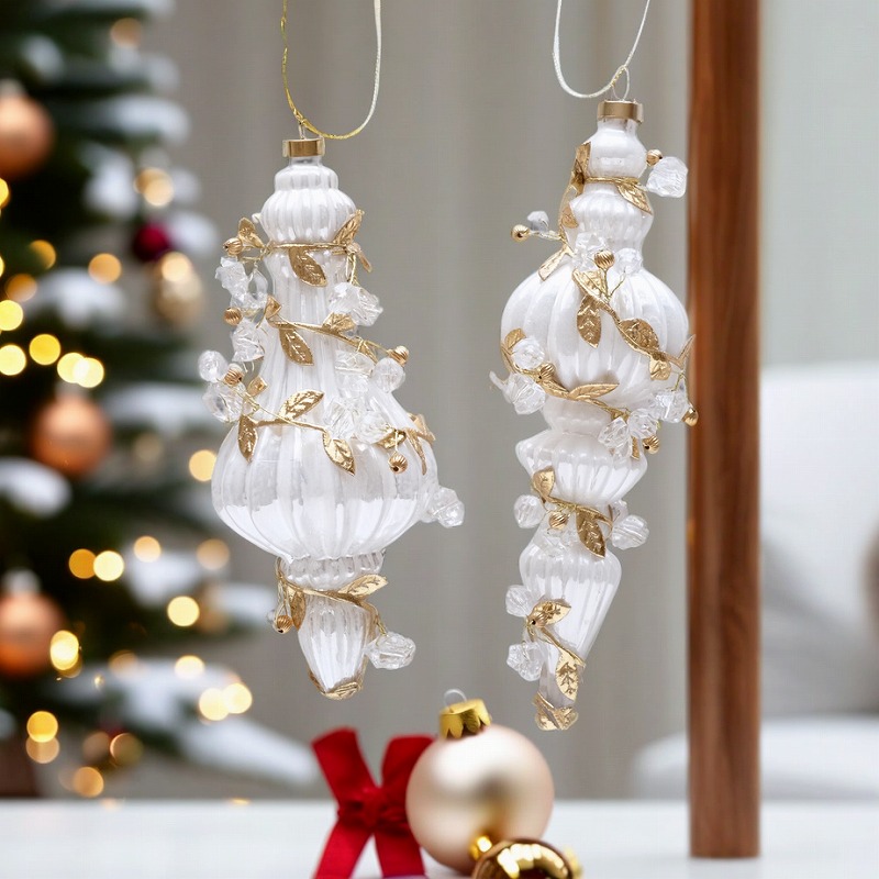 2個セット ガラスオーナメント ホワイトビーズフィニアル | クリスマス
