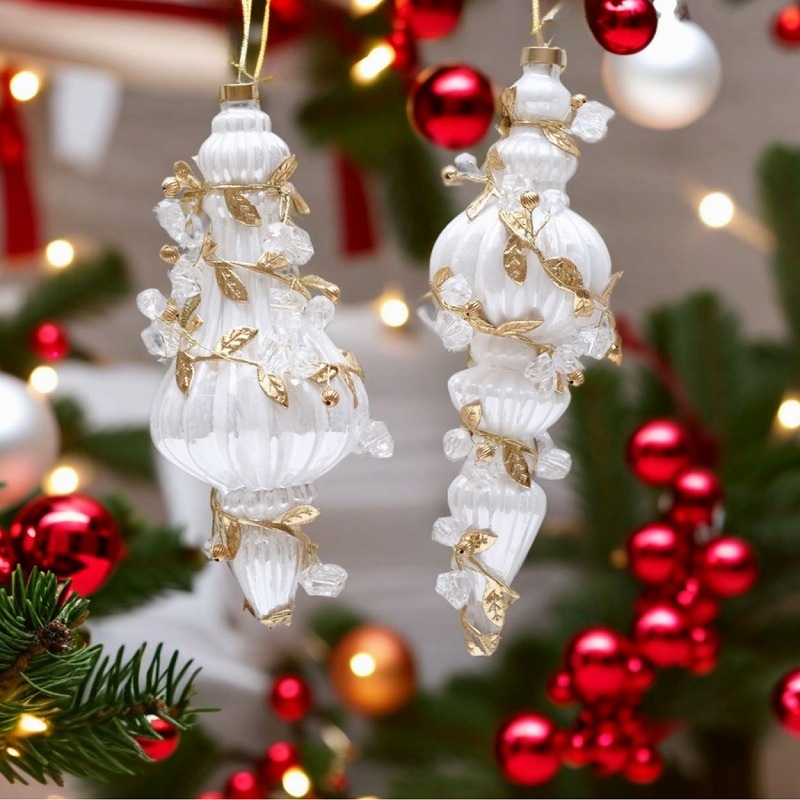 2個セット ガラスオーナメント ホワイトビーズフィニアル | クリスマス