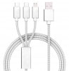 3in1 充電ケーブル 《シルバー》 Type-C MicroUSB iPhone 2.1A高速充電 ナイロン編み タイプC マイクロUSB Android スマホ[ゆうパケット発送、送料無料、代引不