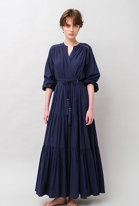 Cotton Gather Tiered Wrap Long Dress | All Items | Velnica Online