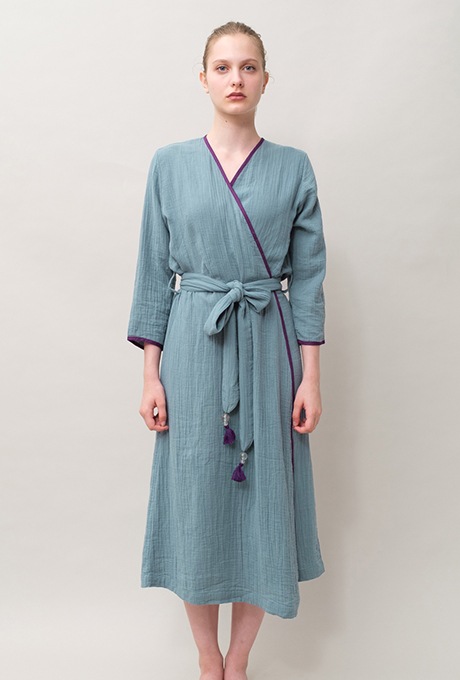 Bathrobe Cotton Double Gauze Glass Beads Tassel Antique Blue