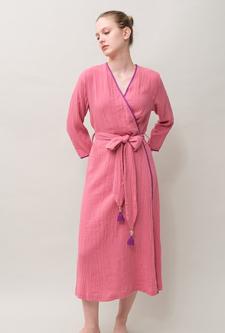 Bathrobe Cotton Double Gauze Glass Beads Tassel Rose Pink