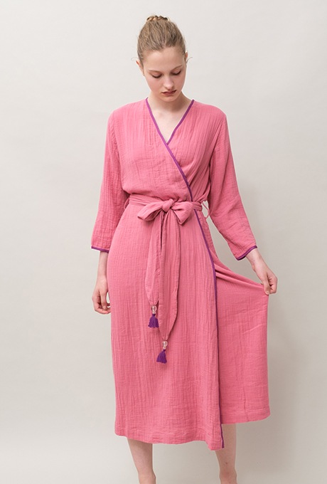 Bathrobe Cotton Double Gauze Glass Beads Tassel Rose Pink