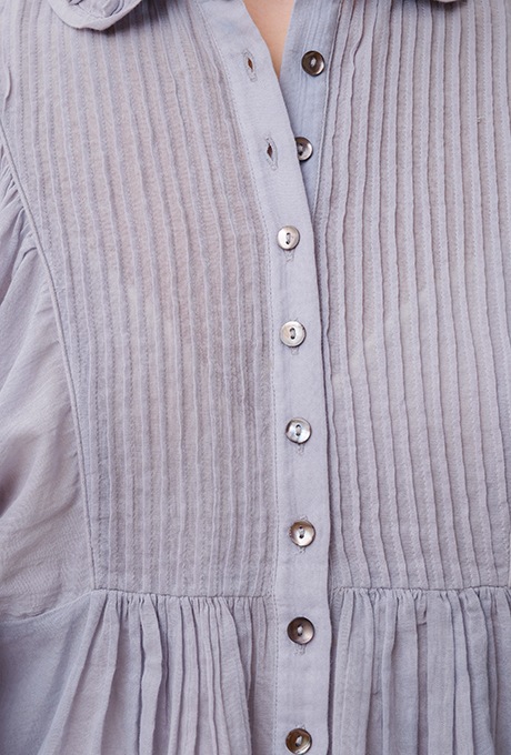 Cotton Gauze Pin-tuck Gather Sleeve Blouse