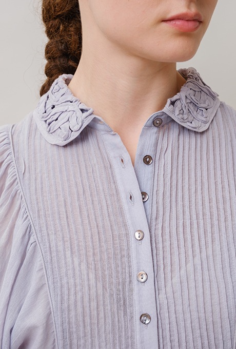 Cotton Gauze Pin-tuck Gather Sleeve Blouse