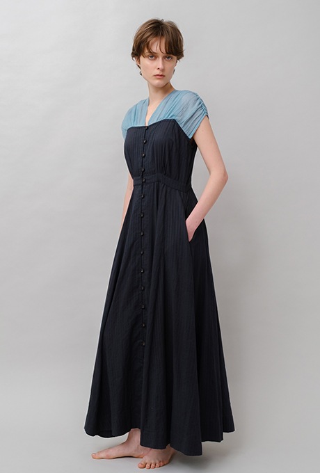 Bicolor Drop Shoulder Cotton Long Dress | All Items | Velnica