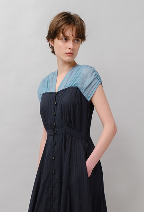 Bicolor Drop Shoulder Cotton Long Dress 