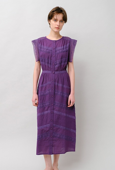 Cotton Lace Tape Pintuck Straight Middle Dress